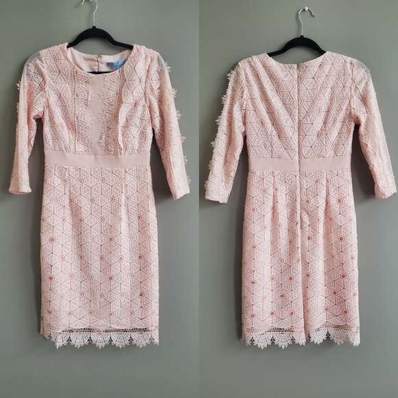 Antonio Melani Crochet Lace‎ Knee Length Dress 3/4 Sleeve in Light Pink Size 4 - Picture 1 of 8